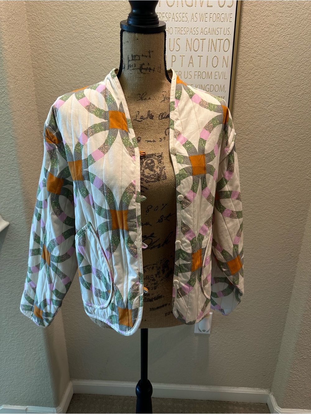 Target Quilted Bomber Jacket in White with Green, Pink & Mustard Accents